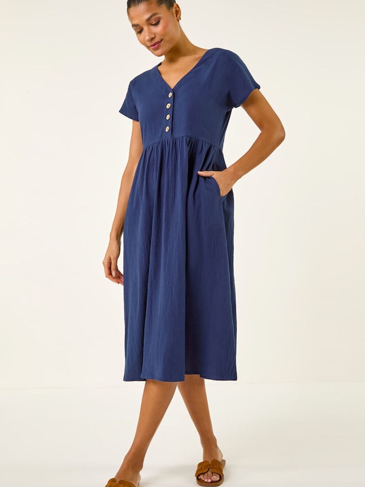 Roman Blue Linen Look Button Midi Dress - Image 2 of 5