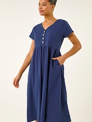 Roman Blue Linen Look Button Midi Dress - Image 4 of 5