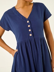 Roman Blue Linen Look Button Midi Dress - Image 5 of 5