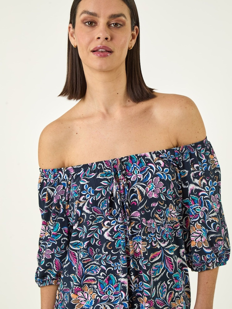 Roman Blue Floral Print Bardot Top - Image 1 of 5