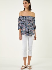 Roman Blue Floral Print Bardot Top - Image 2 of 5