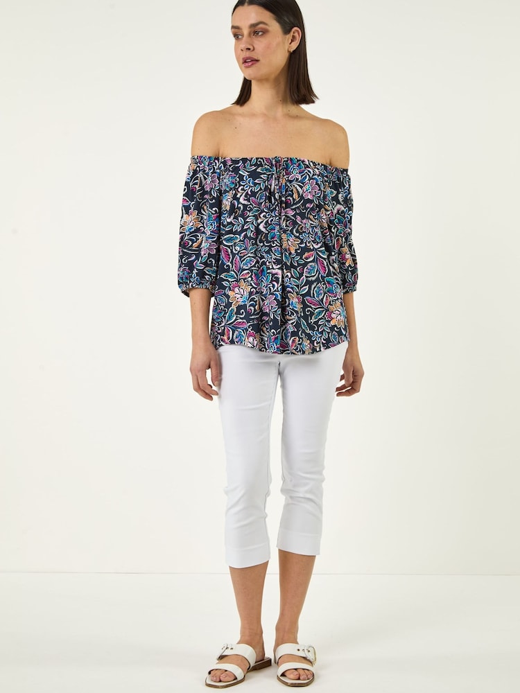 Roman Blue Floral Print Bardot Top - Image 2 of 5