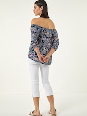 Roman Blue Floral Print Bardot Top - Image 3 of 5
