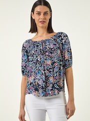 Roman Blue Floral Print Bardot Top - Image 4 of 5