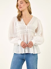 Roman White Cotton Lace Pintuck Top - Image 4 of 5