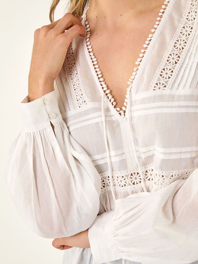 Roman White Cotton Lace Pintuck Top - Image 5 of 5