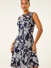 Roman Blue Floral Print Lace Stretch Dress - Image 1 of 5