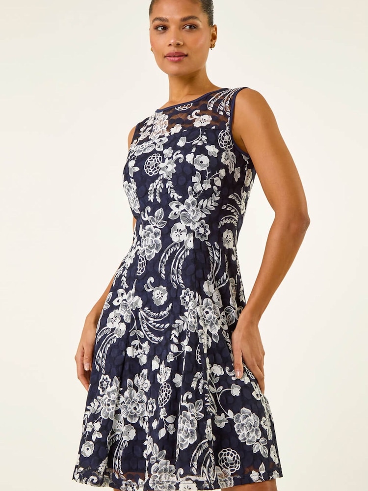 Roman Blue Floral Print Lace Stretch Dress - Image 1 of 5