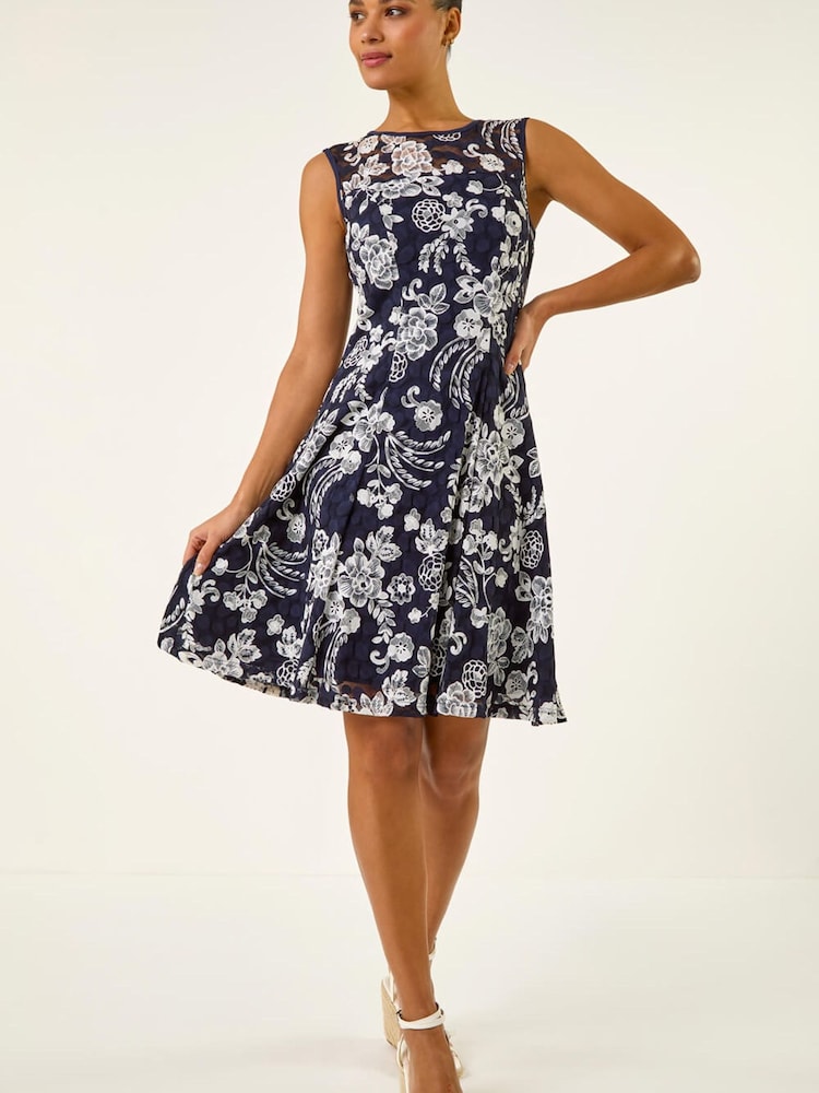 Roman Blue Floral Print Lace Stretch Dress - Image 2 of 5