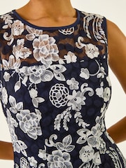 Roman Blue Floral Print Lace Stretch Dress - Image 5 of 5