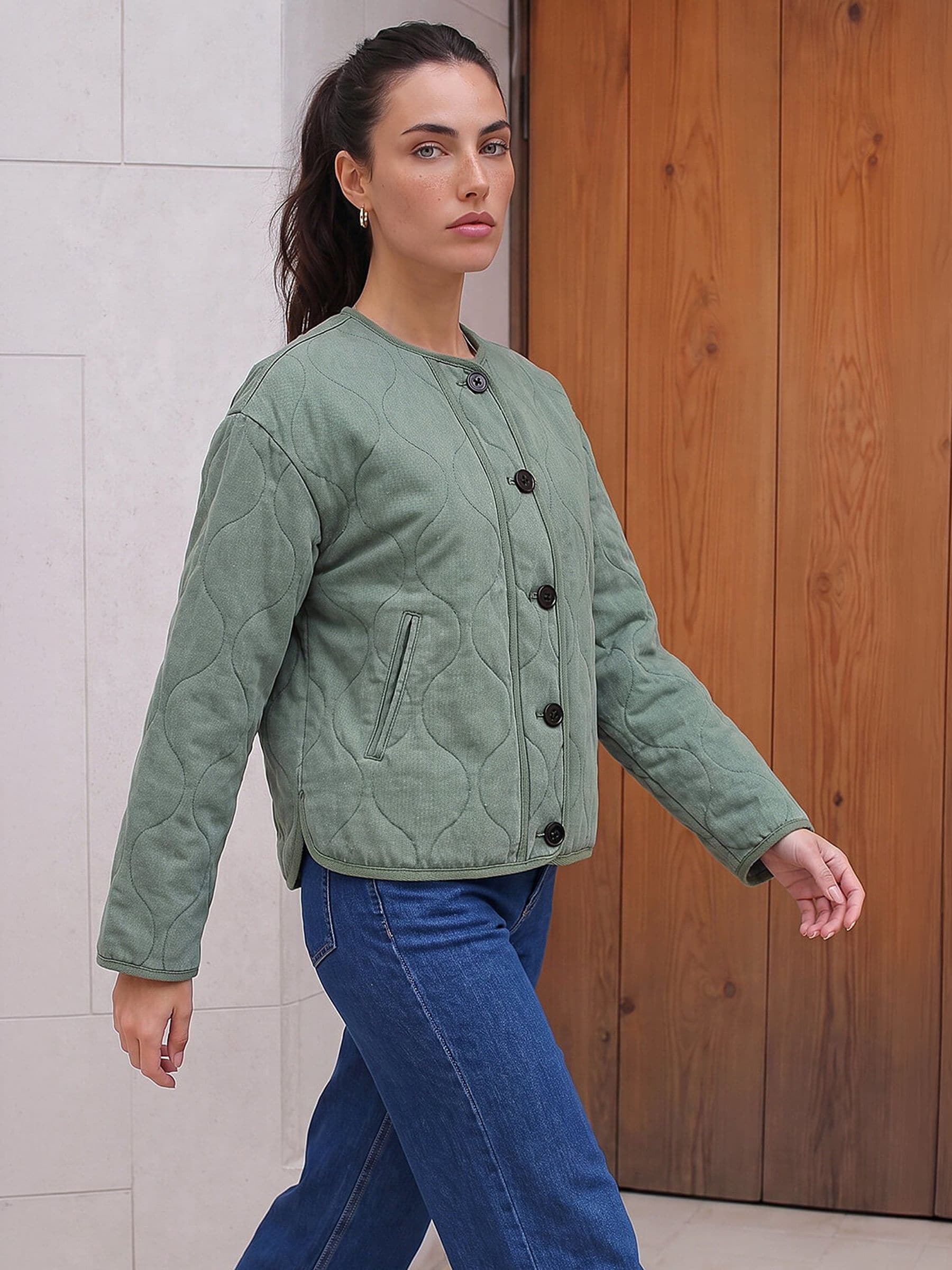 Roman Cotton Twill Quilted Jacket, Green, Size 20, Women - Image 5