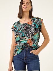 Roman Black Palm Print Shell Top - Image 4 of 5