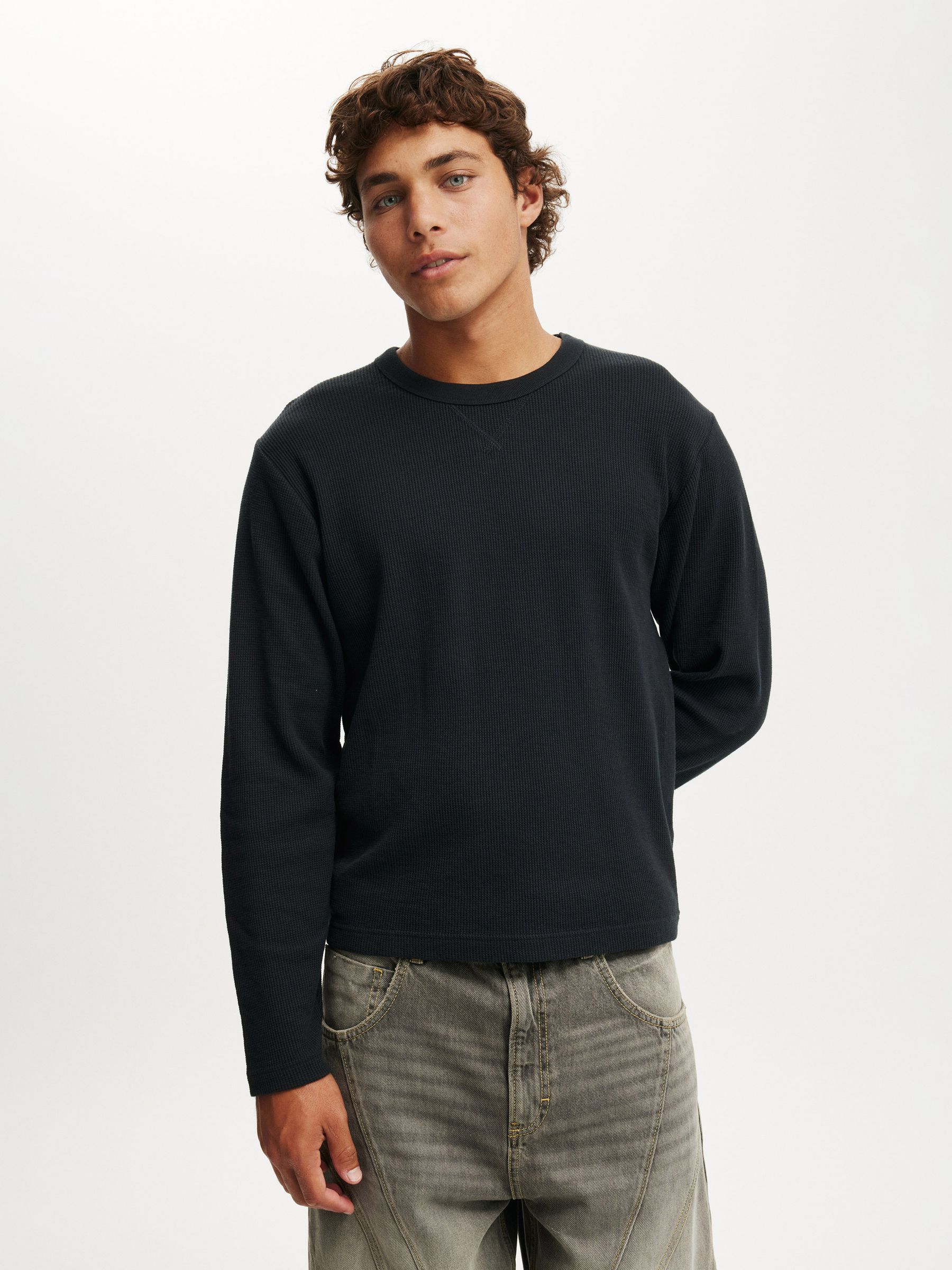 Buy Cotton On Washed Black Waffle Cropped Fit Textured Long Sleeve