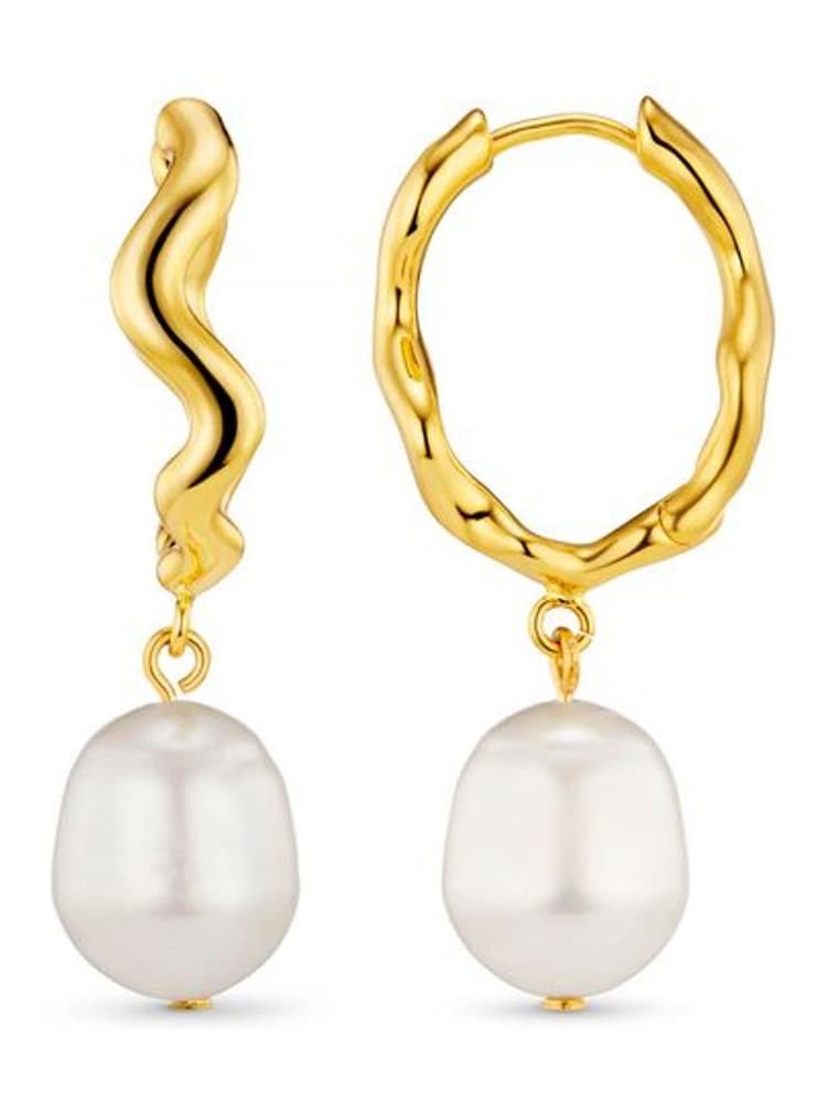 Orelia London Gold Oval Wave Pearl Drop Hoop Earrings - Image 2 of 2