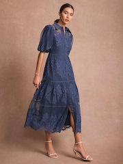Mint Velvet Blue Lace Midi Shirt Dress - Image 1 of 8