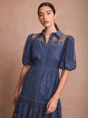 Mint Velvet Blue Lace Midi Shirt Dress - Image 3 of 8