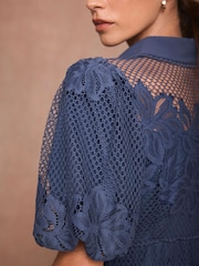 Mint Velvet Blue Lace Midi Shirt Dress - Image 5 of 8