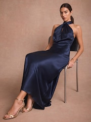 Mint Velvet Blue Satin Halter Maxi Dress - Image 1 of 8