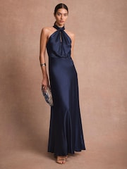 Mint Velvet Blue Satin Halter Maxi Dress - Image 3 of 8
