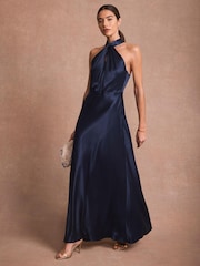 Mint Velvet Blue Satin Halter Maxi Dress - Image 6 of 8