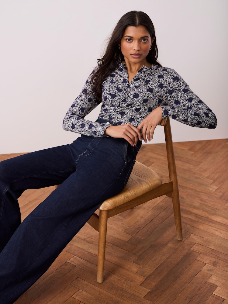 Mint Velvet Blue Heart Print Zip Detail Top - Image 1 of 8