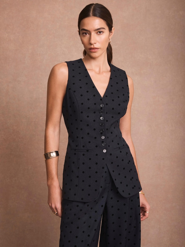 Mint Velvet Blue Polka Dot Longline Waistcoat - Image 1 of 8 Mint Velvet Blue Polka Dot Longline Waistcoat - Image 1 of 8