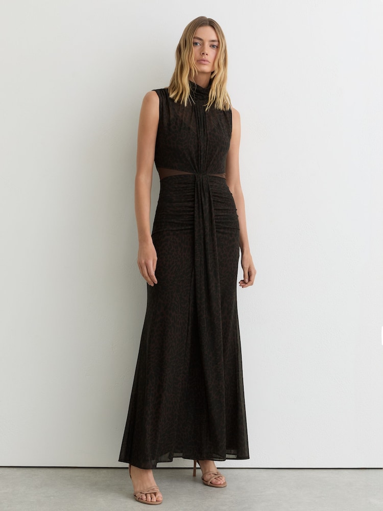 Reiss Black/Brown Danielle Animal-Print Ruched Sleeveless Maxi Dress - Image 1 of 6