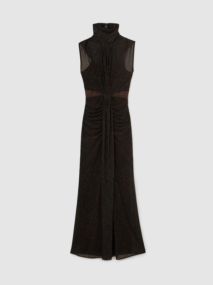 Reiss Black/Brown Danielle Animal-Print Ruched Sleeveless Maxi Dress - Image 2 of 6
