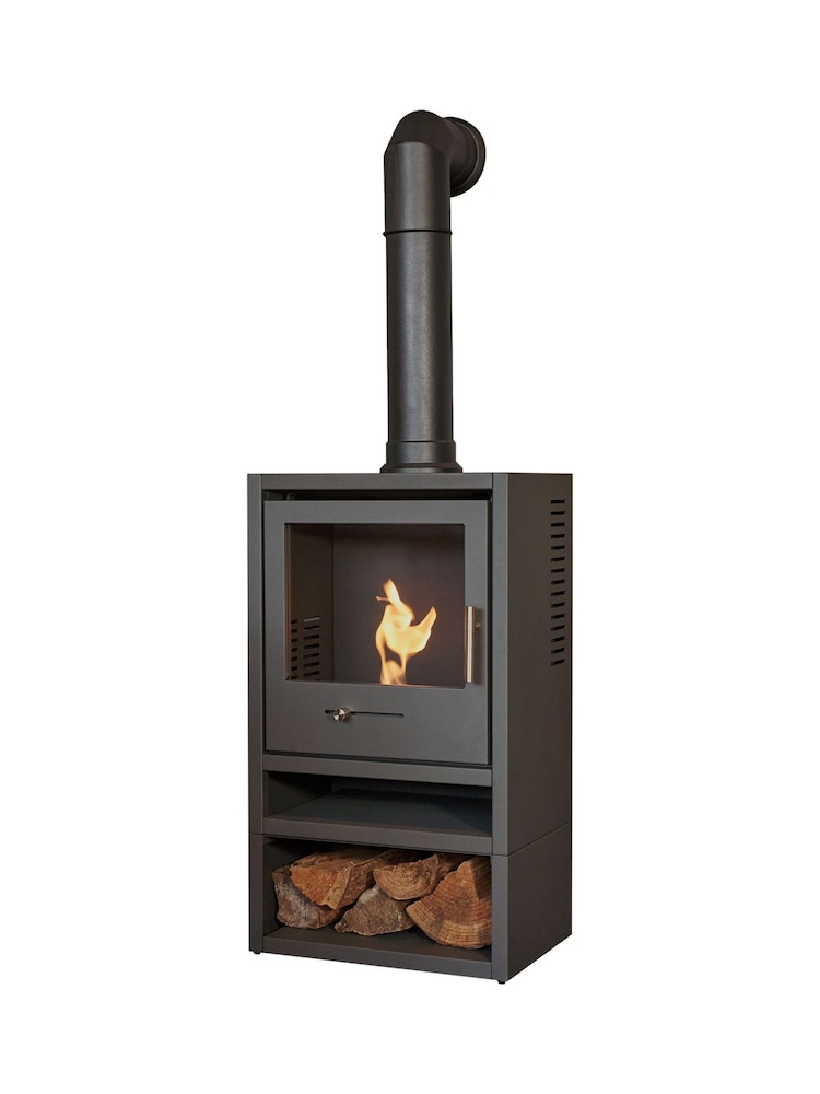 Adam Charcoal Grey S1 Bio Ethanol Stove with Log Storage and Tall Angled Stove Pipe - Image 2 of 6