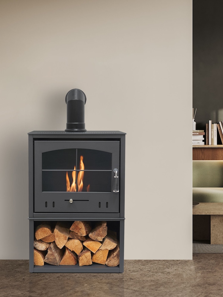 Adam Charcoal Grey S4 Bio Ethanol Stove with Log Storage and Angled Stove Pipe - Image 1 of 6