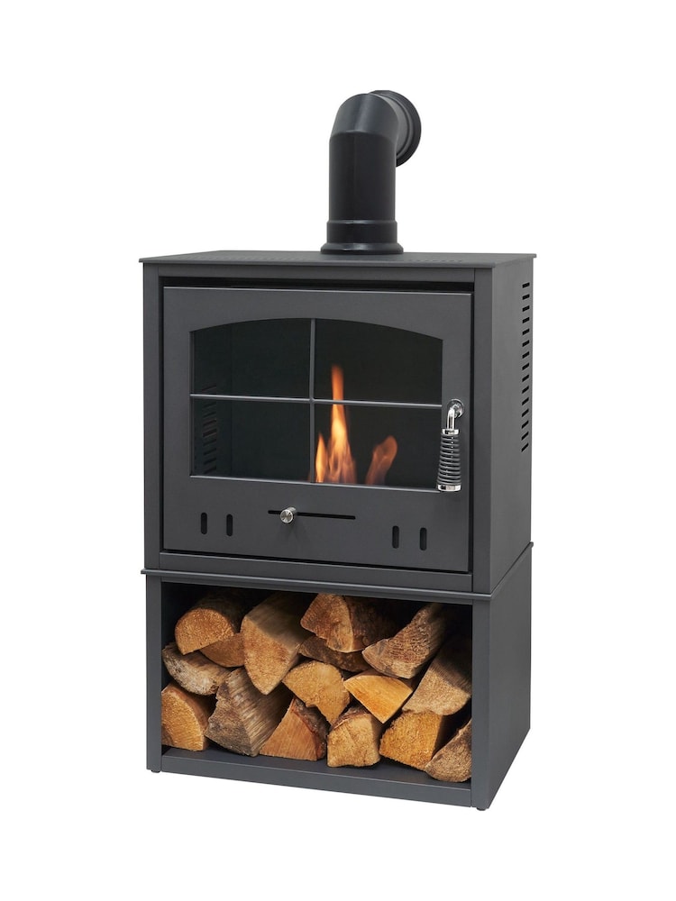 Adam Charcoal Grey S4 Bio Ethanol Stove with Log Storage and Angled Stove Pipe - Image 2 of 6