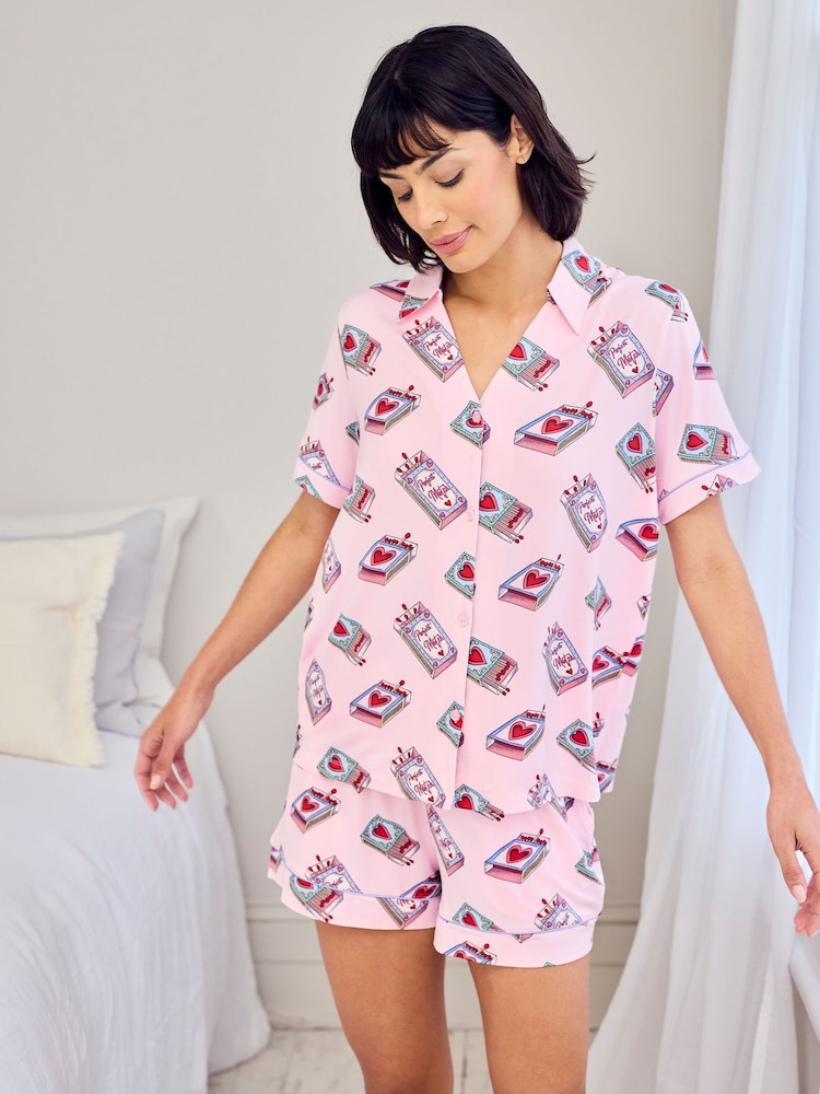 Chelsea Peers Pink Valentine's Perfect Match Print Long Pyjamas Set - Image 1 of 7