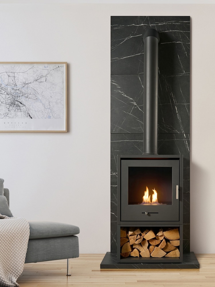 Acantha Black Marble Effect Tile  Hearth Set in Marble Effect with OKO S3 Stove Log Store  Extra Tall Angled Pipe - Image 1 of 6