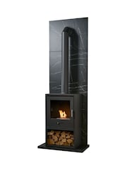 Acantha Black Marble Effect Tile  Hearth Set in Marble Effect with OKO S3 Stove Log Store  Extra Tall Angled Pipe - Image 2 of 6