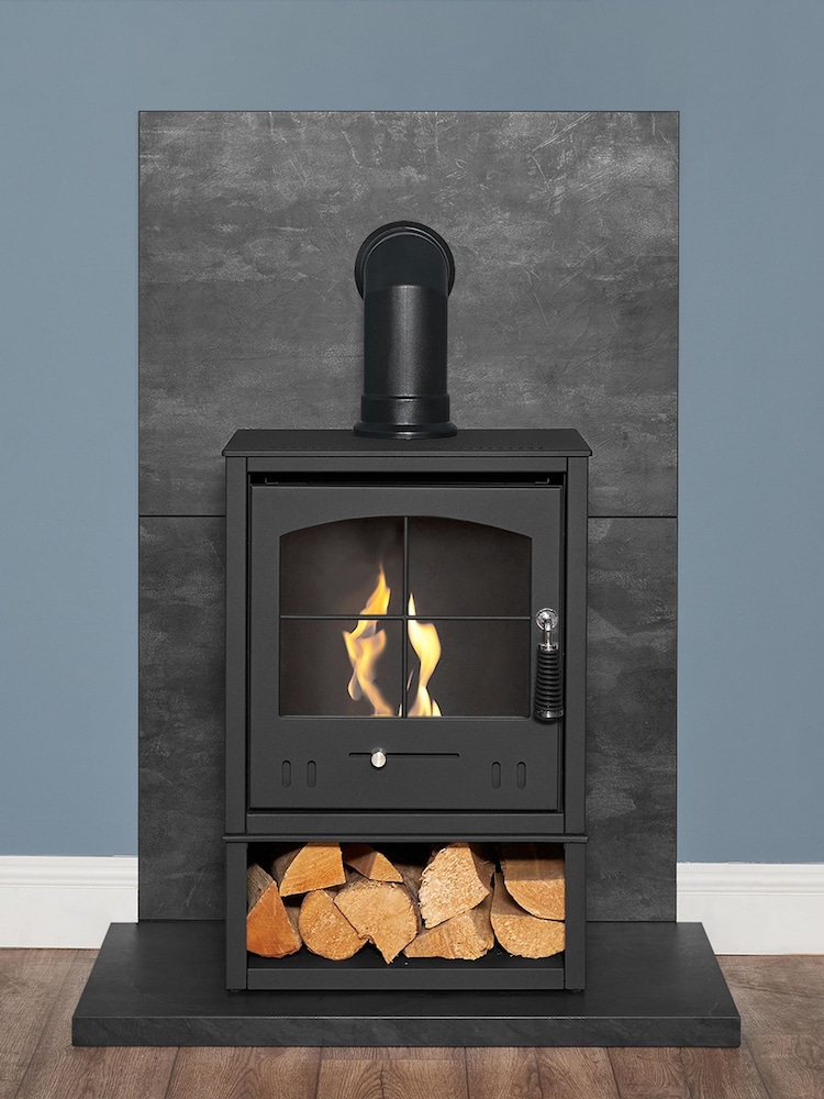 Acantha Slate Venetian Plaster Effect Tile  Hearth Set in Slate Plaster Effect with OKO S2 Stove Log Store  Angled Pipe - Image 1 of 6