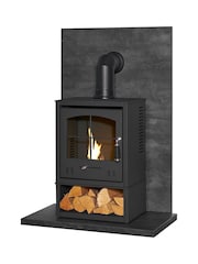Acantha Slate Venetian Plaster Effect Tile  Hearth Set in Slate Plaster Effect with OKO S2 Stove Log Store  Angled Pipe - Image 2 of 6