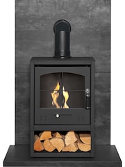 Acantha Slate Venetian Plaster Effect Tile  Hearth Set in Slate Plaster Effect with OKO S2 Stove Log Store  Angled Pipe - Image 5 of 6