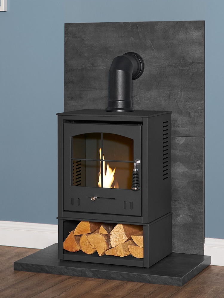 Acantha Slate Venetian Plaster Effect Tile  Hearth Set in Slate Plaster Effect with OKO S2 Stove Log Store  Angled Pipe - Image 6 of 6