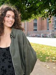 JDY Green Faux Suede Bomber Jacket - Image 3 of 7