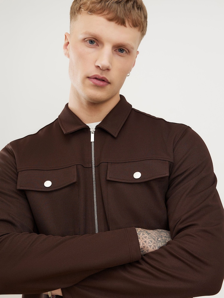 River Island Brown Slim Fit Pique Shacket - Image 2 of 4