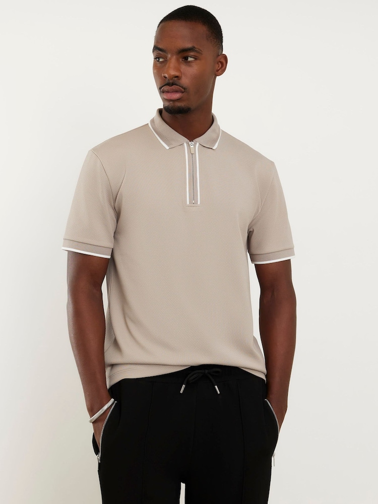 River Island Natural Slim Fit Textured Zip Tip Polo Shirt - Image 1 of 4