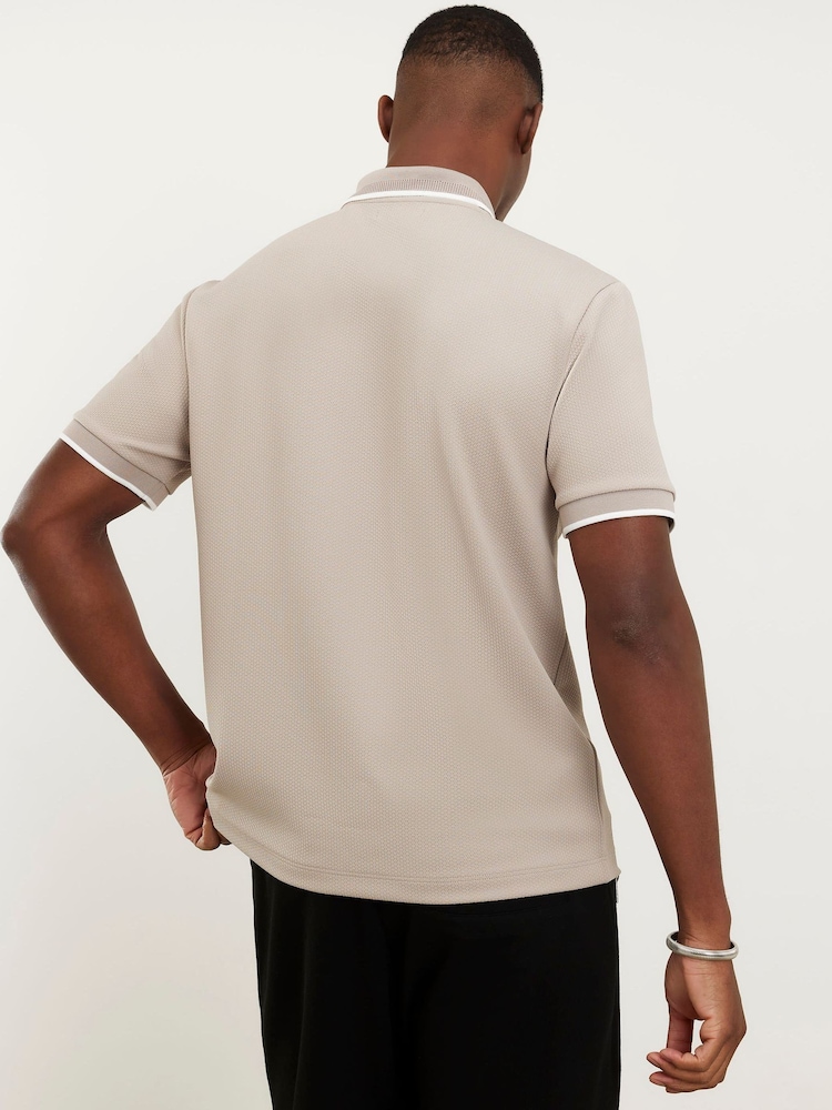 River Island Natural Slim Fit Textured Zip Tip Polo Shirt - Image 2 of 4