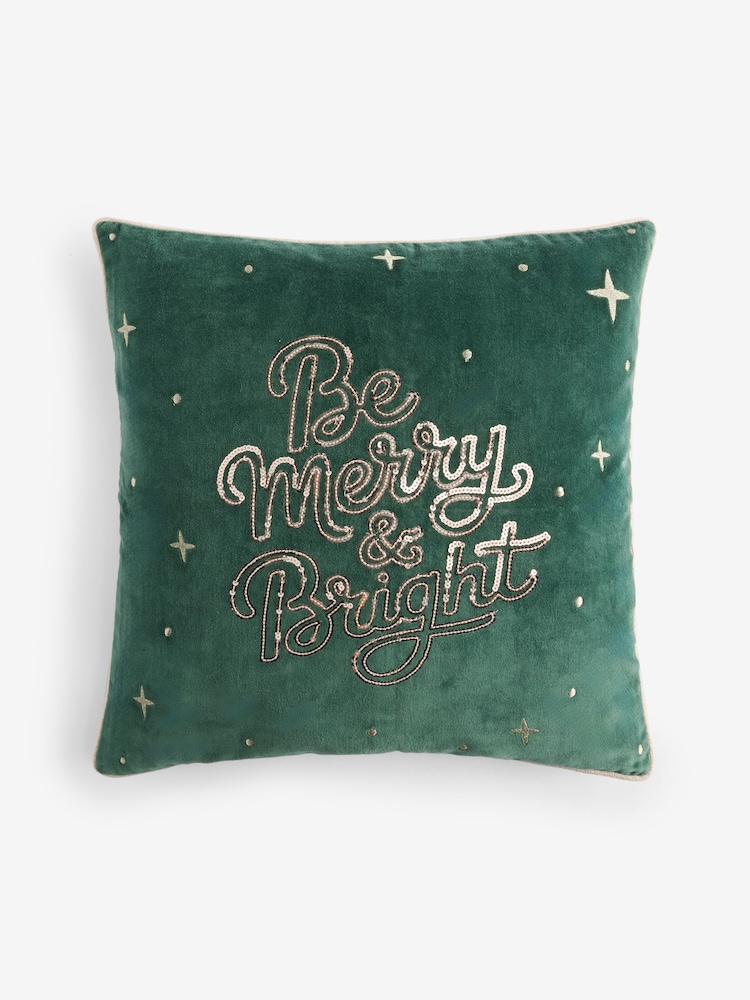 Green Christmas Embellished Be Merry 43 X 43cm Cushion - Image 1 of 1 Green Christmas Embellished Be Merry 43 X 43cm Cushion - Image 1 of 1
