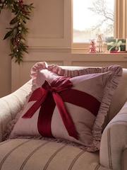 Red 50 X 50cm Christmas Bow Striped Cushion - Image 1 of 4