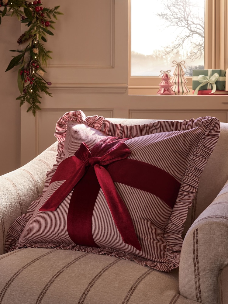 Red 50 X 50cm Christmas Bow Striped Cushion - Image 1 of 4 Red 50 X 50cm Christmas Bow Striped Cushion - Image 1 of 4