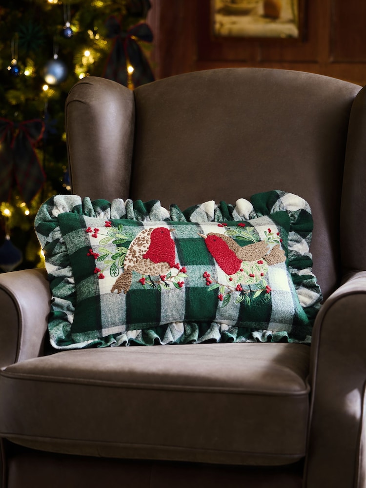 50x30 Christmas Tartan Embroidered Robin Oblong Cushion - Εικόνα 1 από 4
