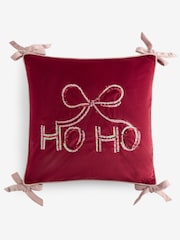 Red Christmas Bow Ho Ho Slogan Cushion - Image 2 of 4