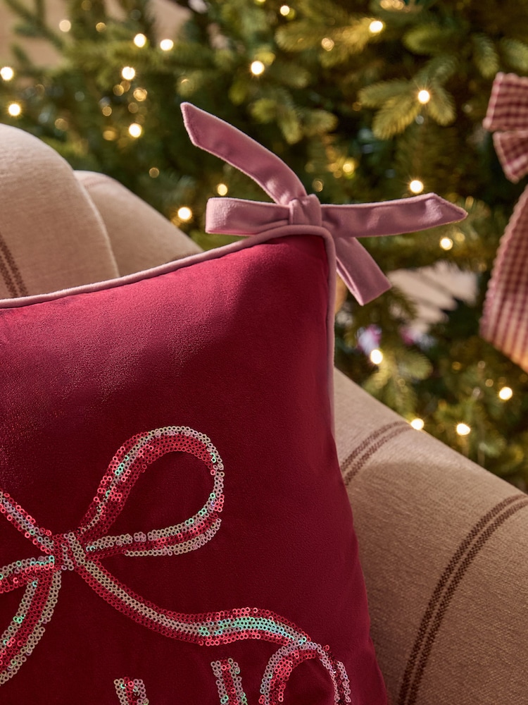 Red Christmas Bow Ho Ho Slogan Cushion - Image 4 of 4 Red Christmas Bow Ho Ho Slogan Cushion - Image 4 of 4