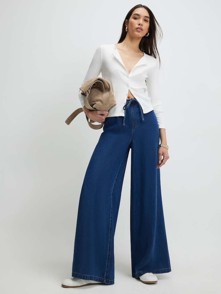 River Island Blue High Waisted Wide Leg Pyjama Style Jeans - Image 1 of 4