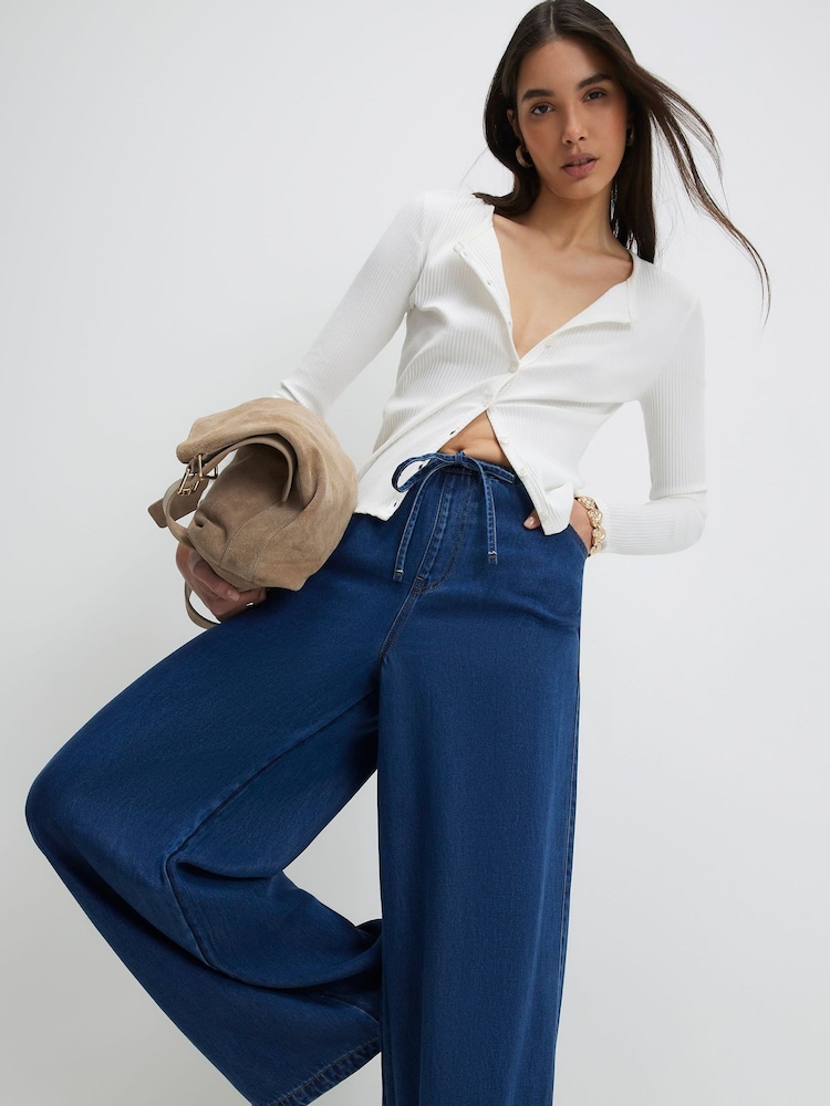 River Island Blue High Waisted Wide Leg Pyjama Style Jeans - Image 4 of 4